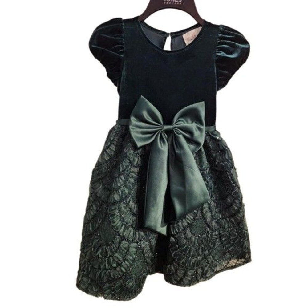 B2 Rare Editions Girls Gorgeous Hunter Green Velvet, Lace, Sequin Dress 5T New